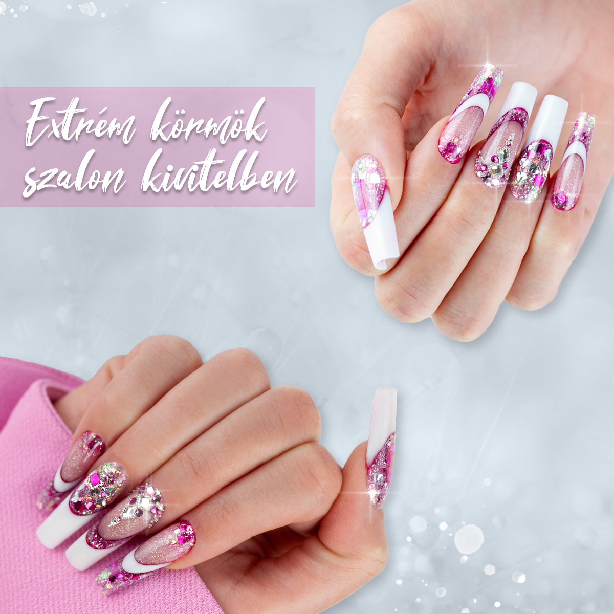 extrém körmök szalon kivitelben, műköröm, extrém köröm, francia köröm, reszelt mosolyvonal, dupla mosolyvonal, csillogó körmök, extreme nails, french nails, hosszú körmök, extrém design
